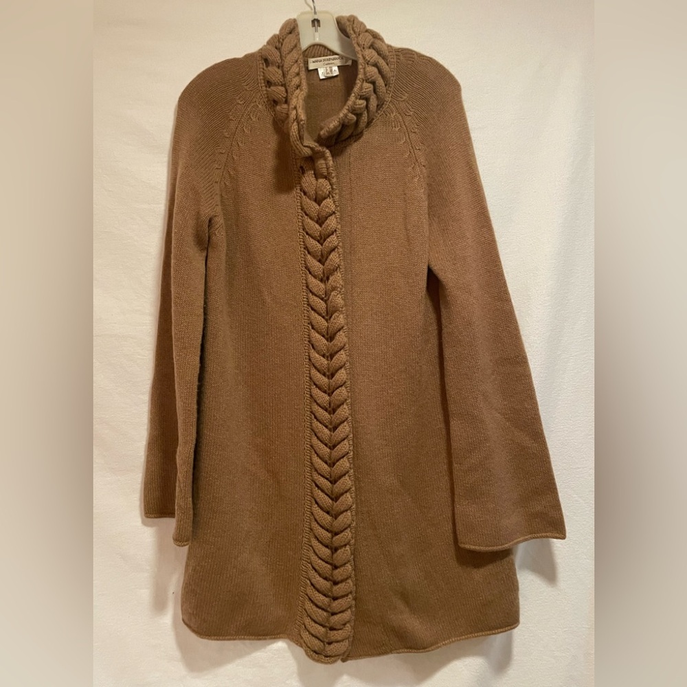 Maria Di Ripabianca Braided Cashmere Knit Italian Made Cardigan in Camel Brown